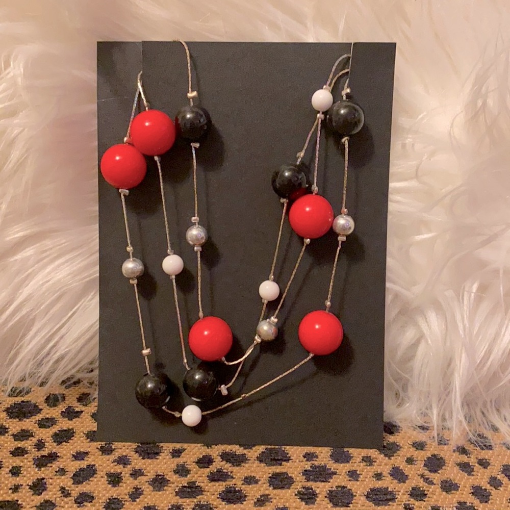 Long Layering Necklace Pink Silver Black